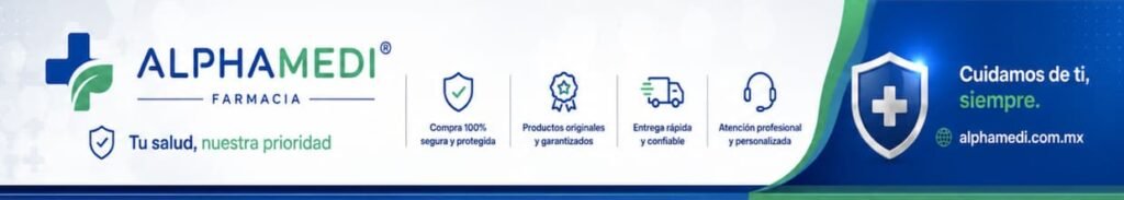 Banner de confianza y entrega segura de Alpha Medi Farmacia